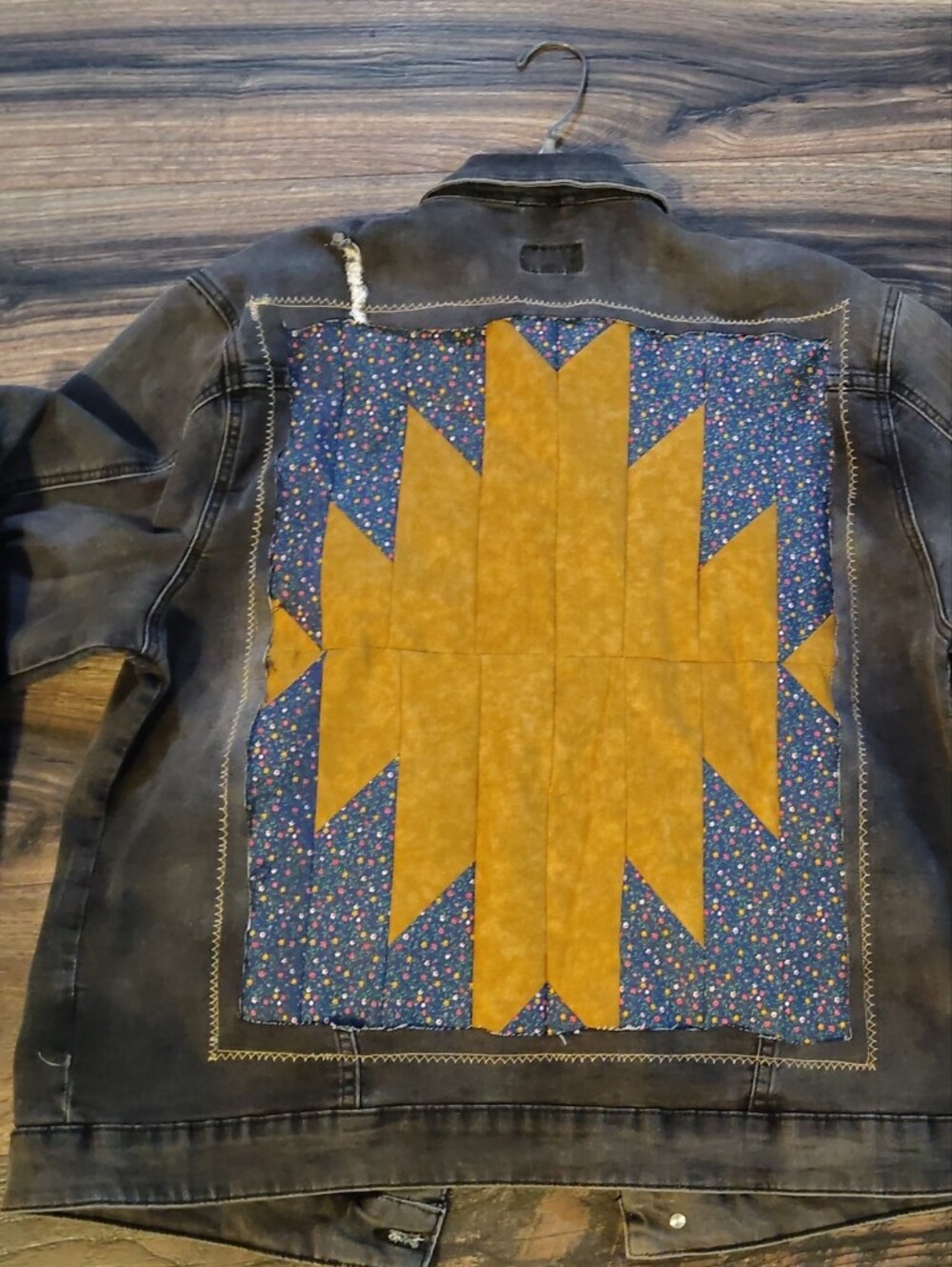 Aime Leon Dore Black Denim Jacket with Mustard Patchwork and Navy Floral Panel